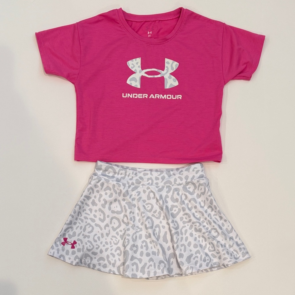Under Armour Girls pink Abstract Cheetah Logo Tee & Skort Set size 3T